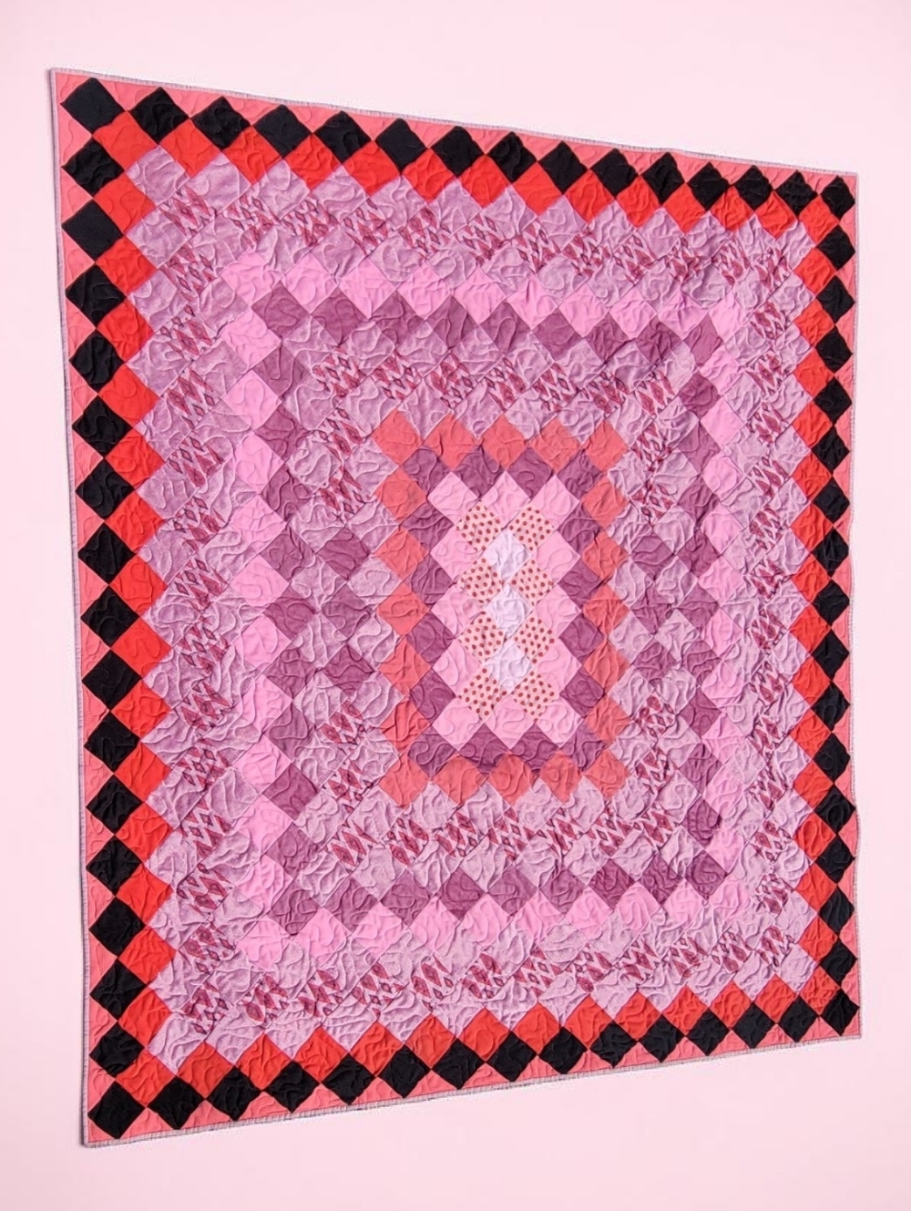 Funky Queen Size Pink Patchwork Quilt with Black & Red Border